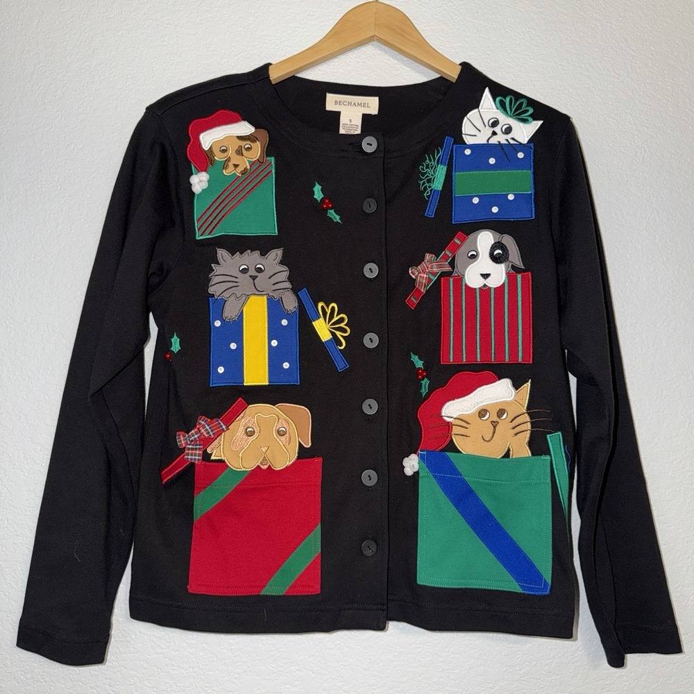 Bechamel Christmas Cardigan Sweater Small Black Cat Dog Gifts Holiday Applique